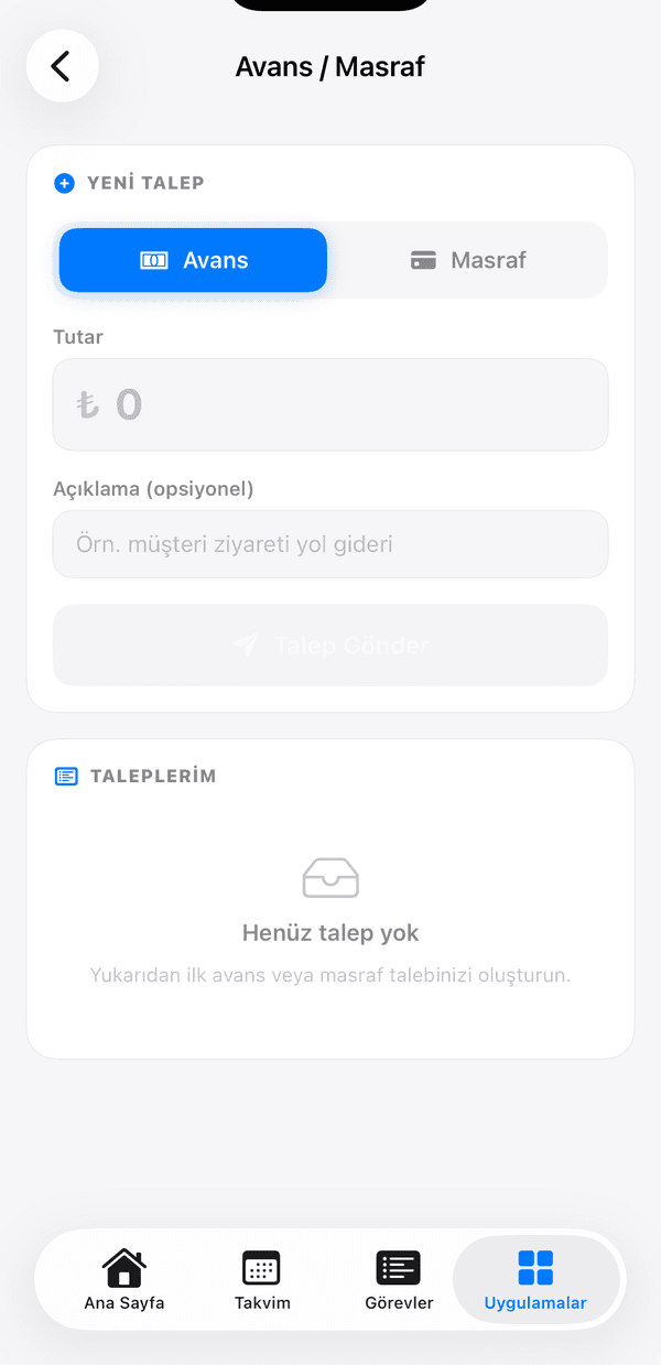 Nord Shift mobil avans ve masraf talep ekranı