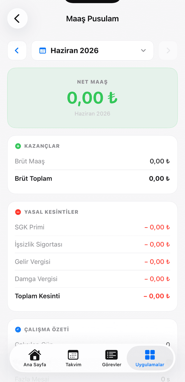 Nord Shift mobil bordro ekranı — net maaş, kazançlar ve kesintiler