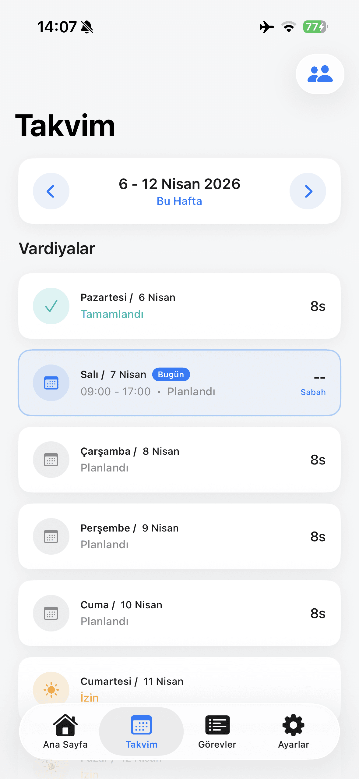 Nord Shift takvim ekranı — aylık vardiya planı görünümü