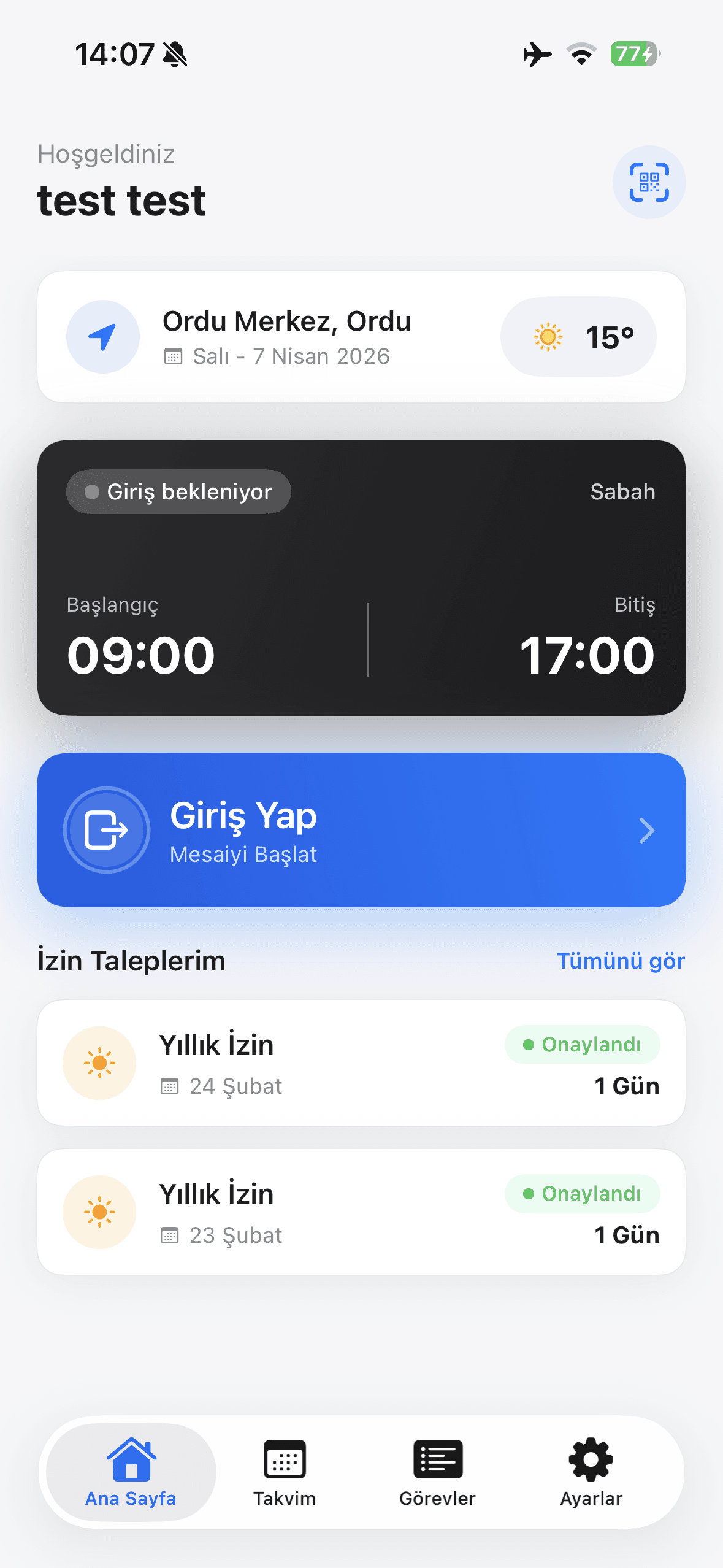 Nord Shift ana sayfa — vardiya giriş, konum ve izin talepleri ekranı