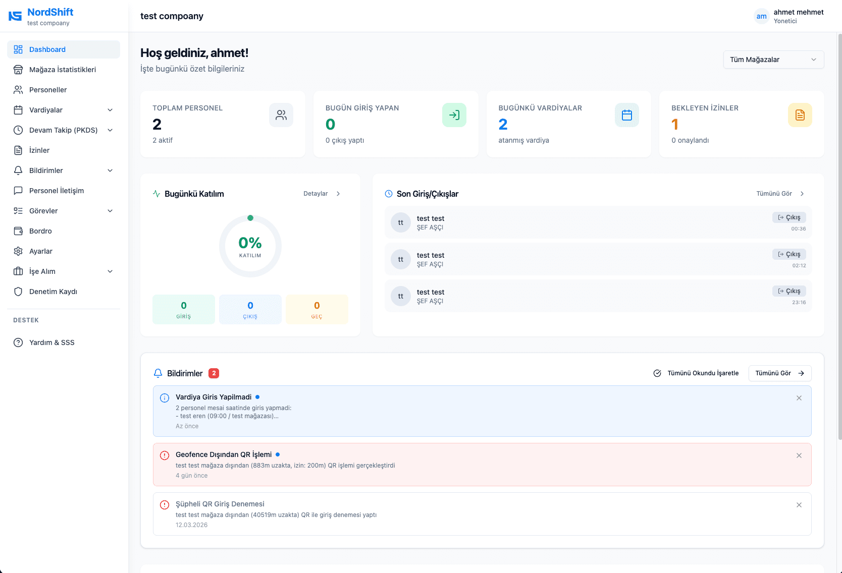 Nord Shift web panel dashboard — genel bakış, istatistikler ve bildirimler